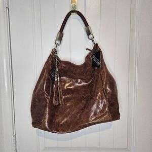 NWT Isabella Rhea Italian Leather Hobo Bag Distressed Bronze Brown Large Tote